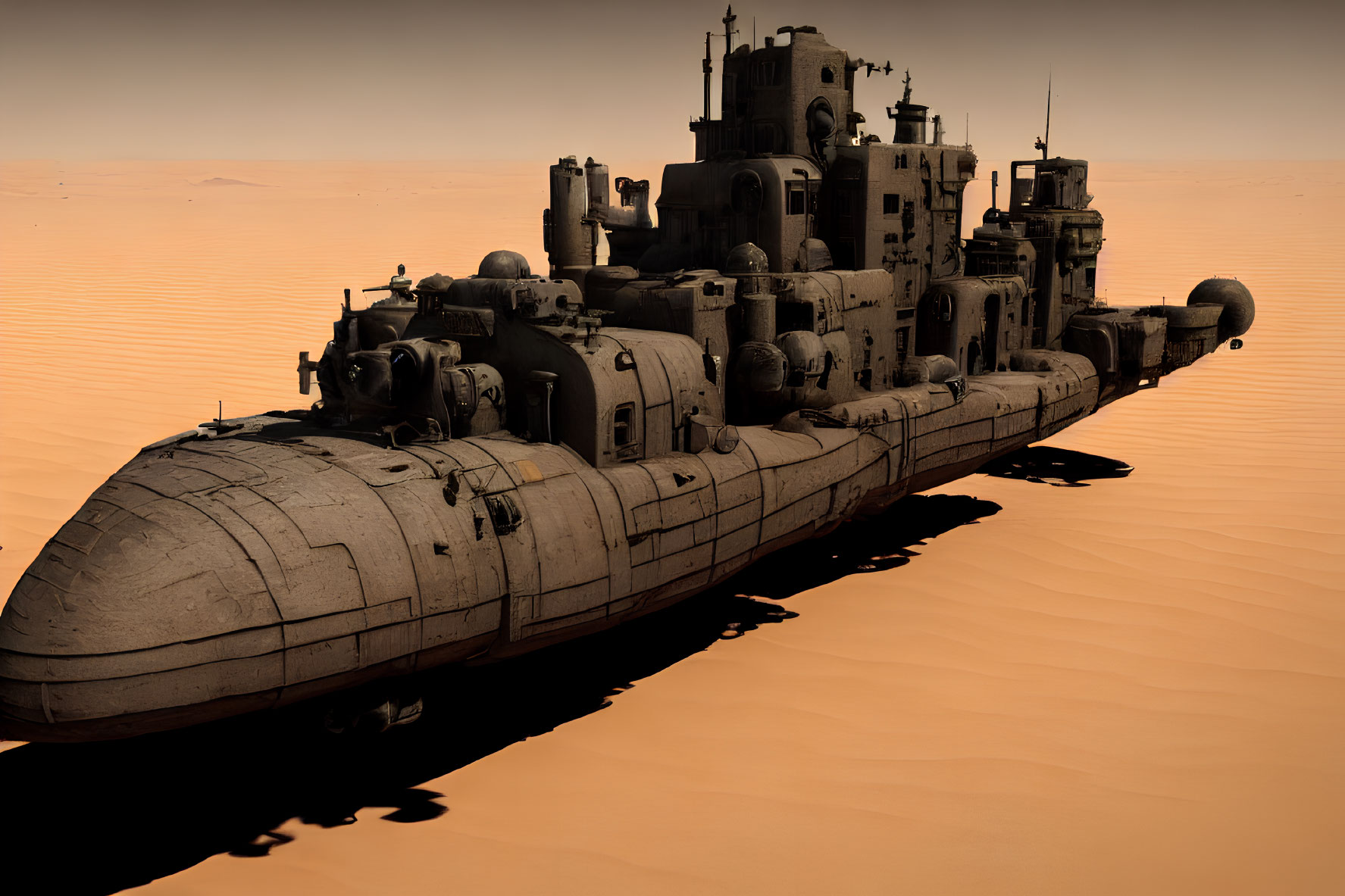 Abandoned submarine in desert with sand dunes and hazy sky