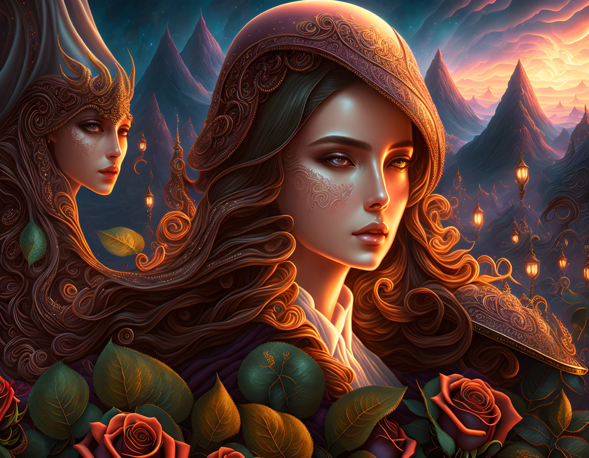 Fantasy illustration of two female figures with ornate headdresses in mountainous twilight scenery