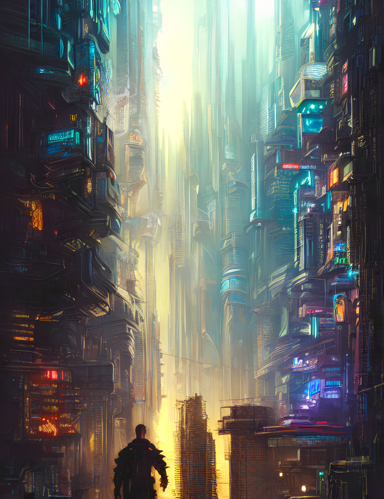 Futuristic cityscape with glowing lights and neon signs