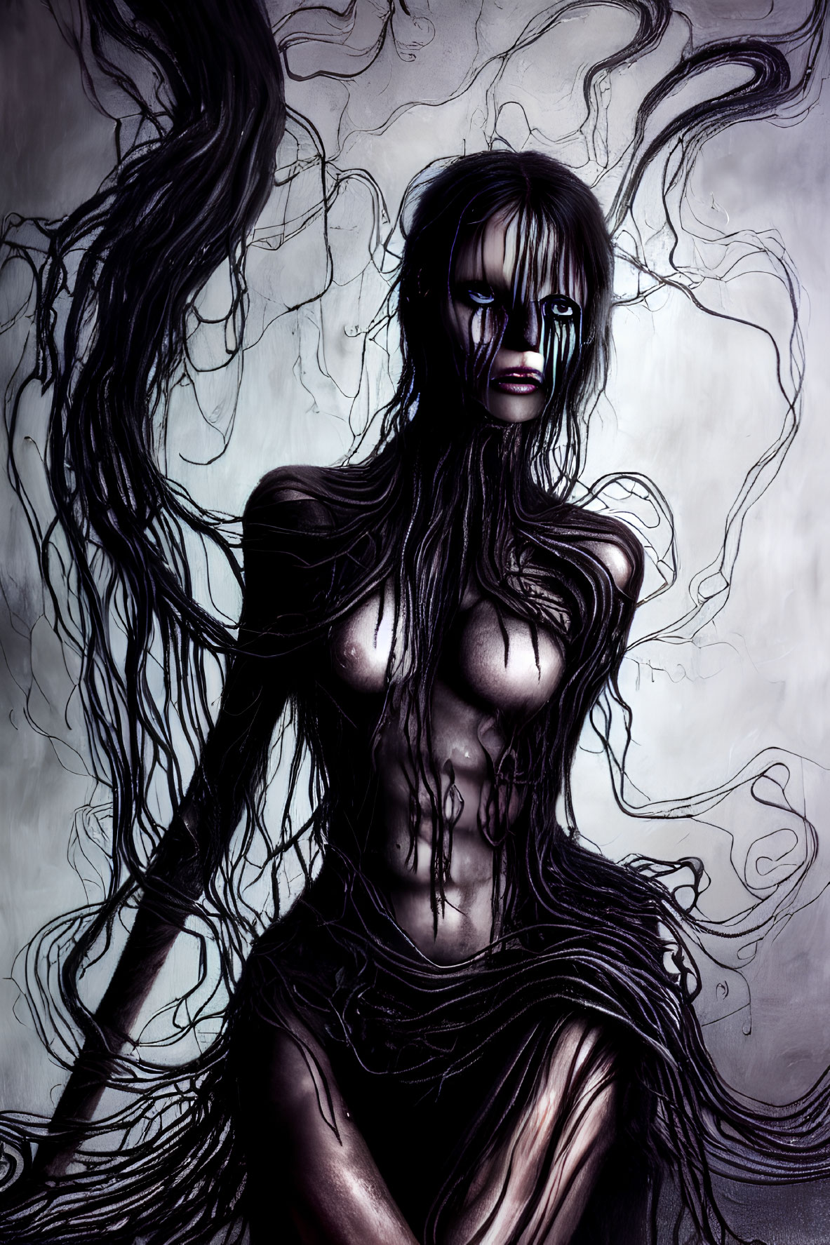 Dark fantasy art: Woman with long dark hair and haunting eyes