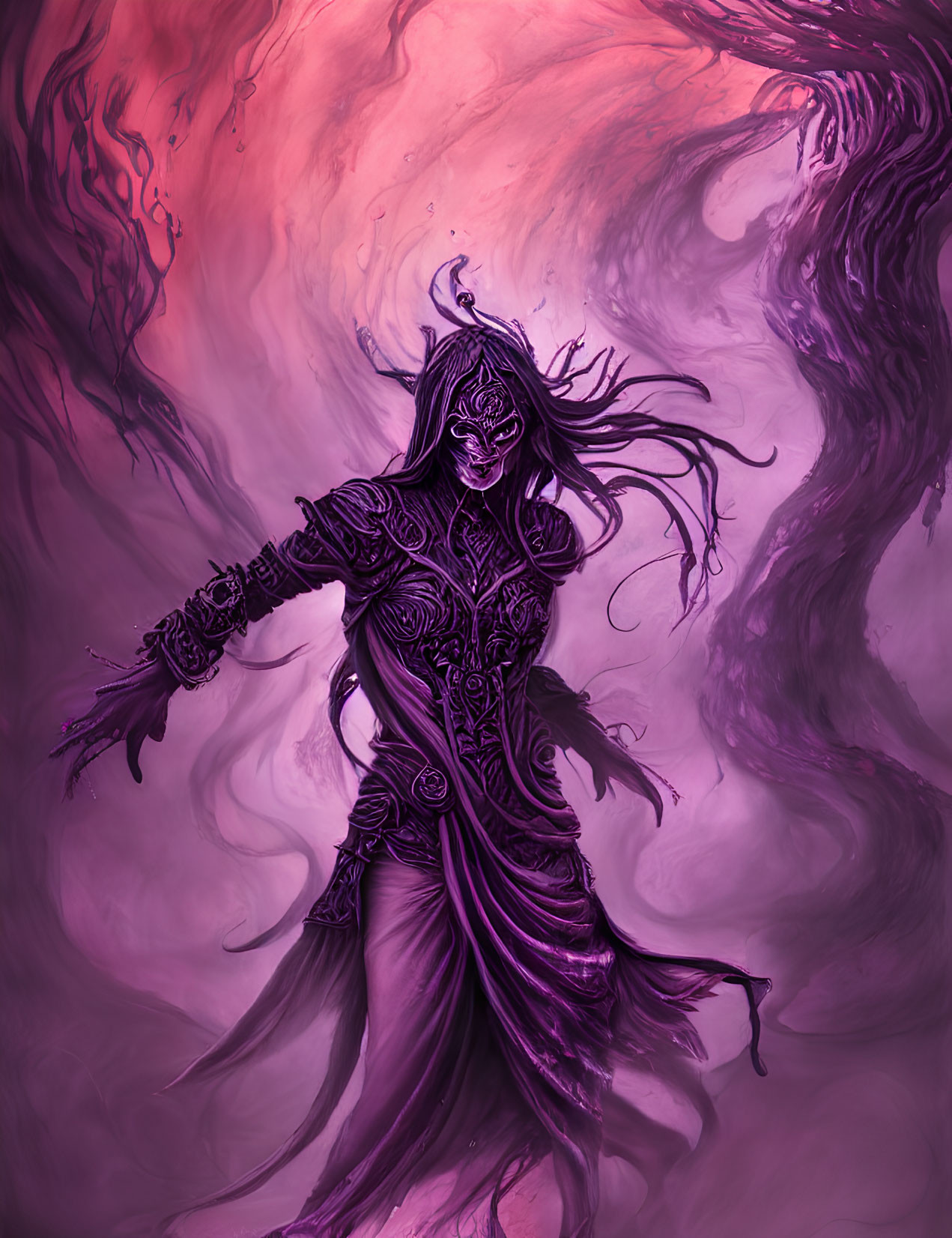 Mystical figure in dark armor under magenta sky with power tendrils