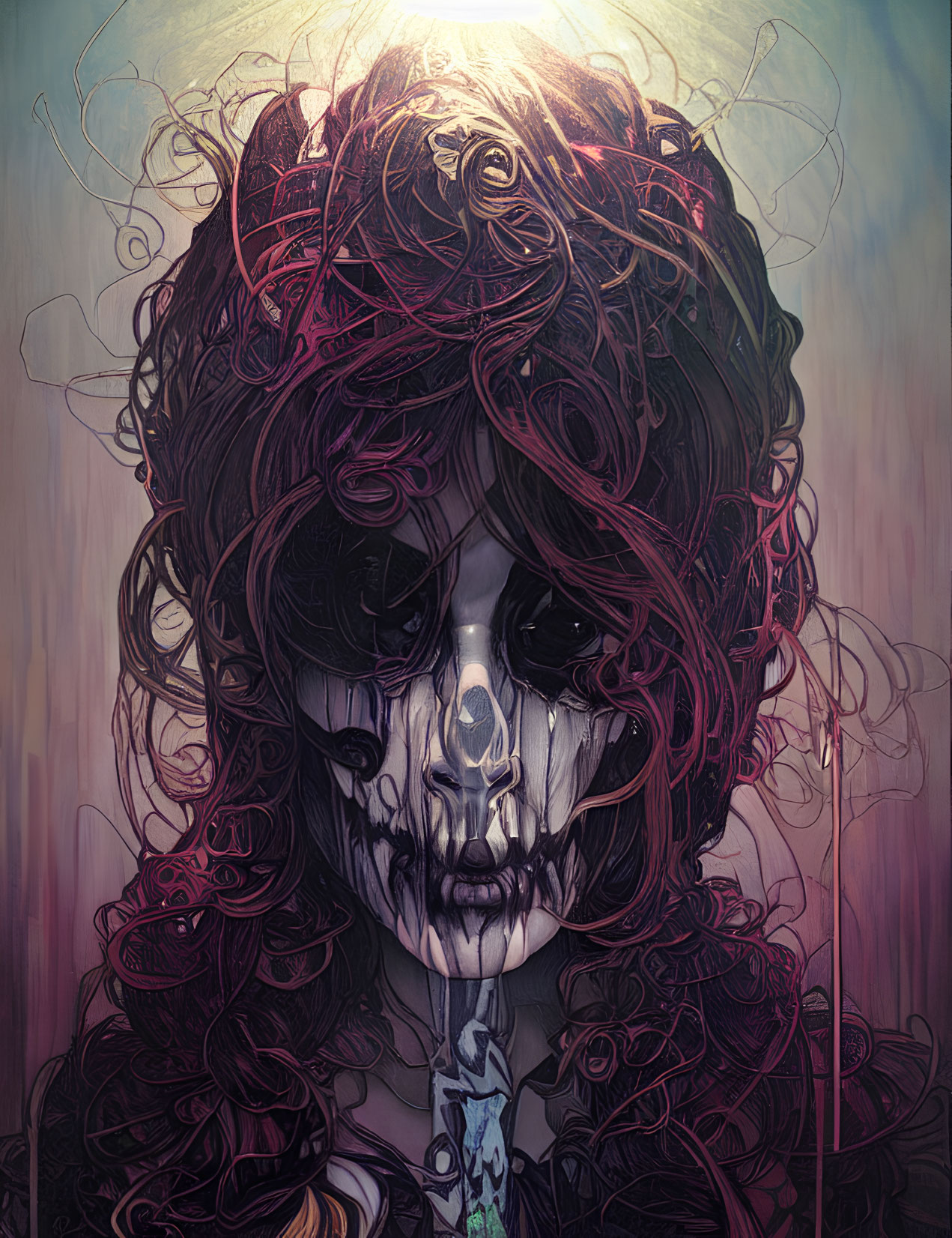 Detailed half-human, half-skeleton face with dark curly hair and light effects.