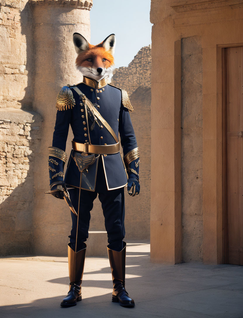 Fox-headed figure in blue and gold military attire at ancient ruins