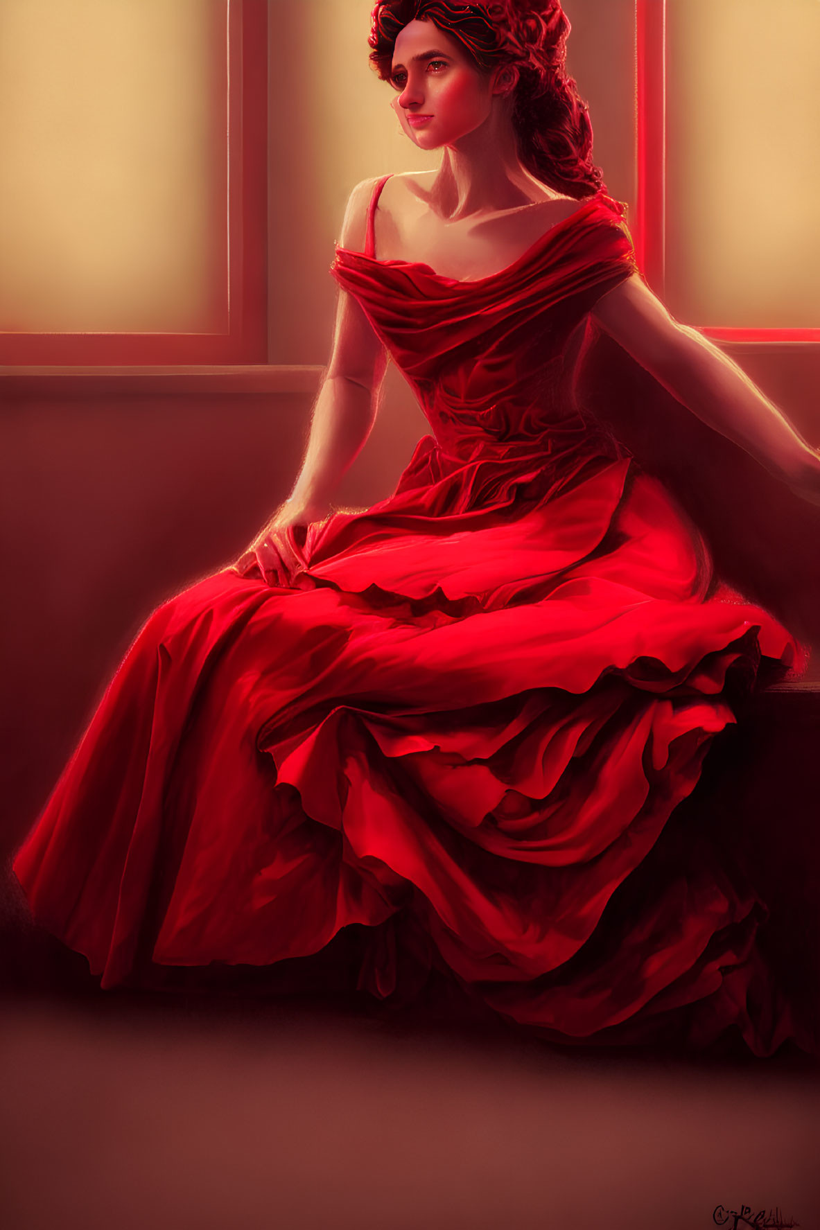 Woman in Red Dress with Ruffled Details Sitting by Window
