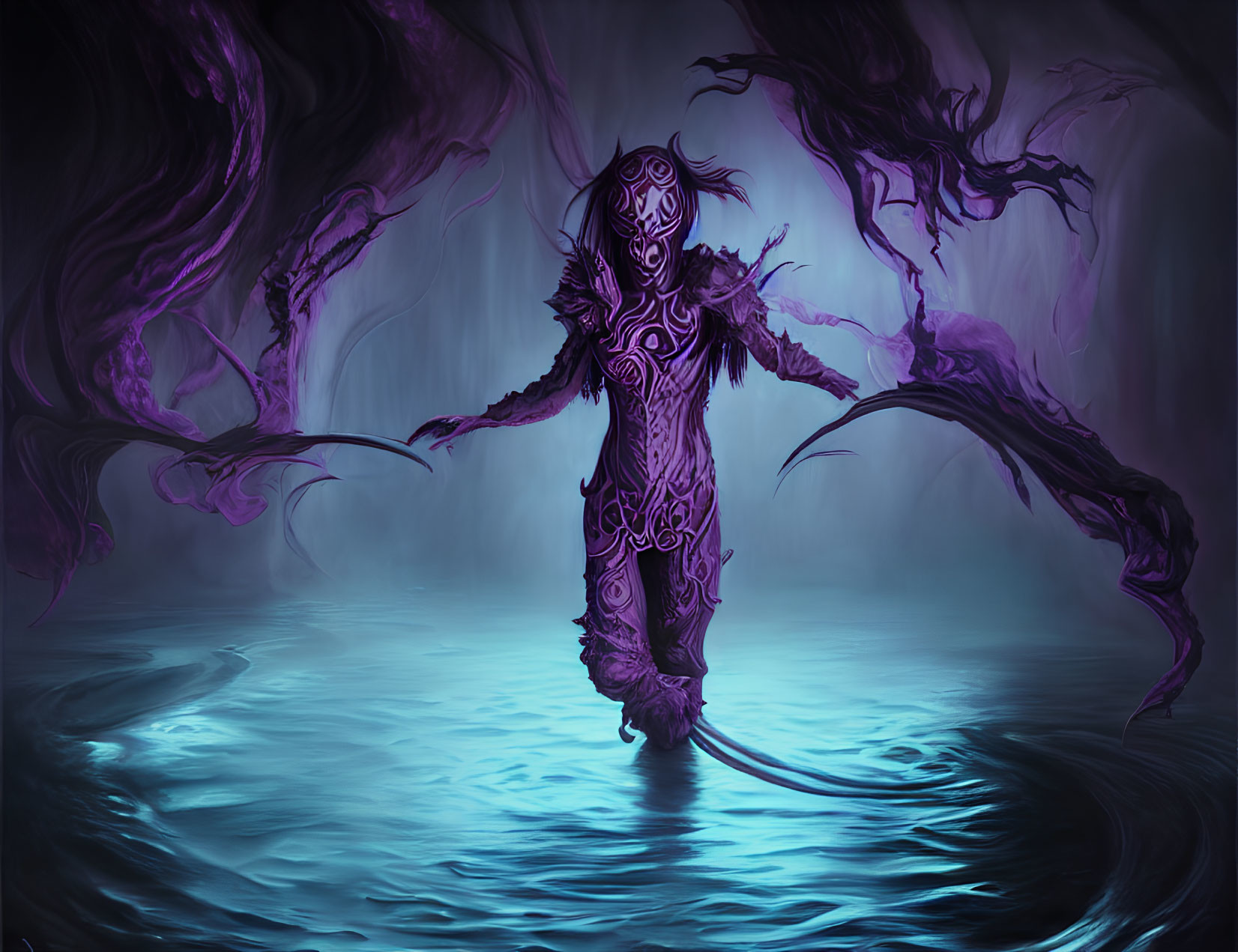 Glowing Purple Figure with Ethereal Wings in Mystical Water Scene