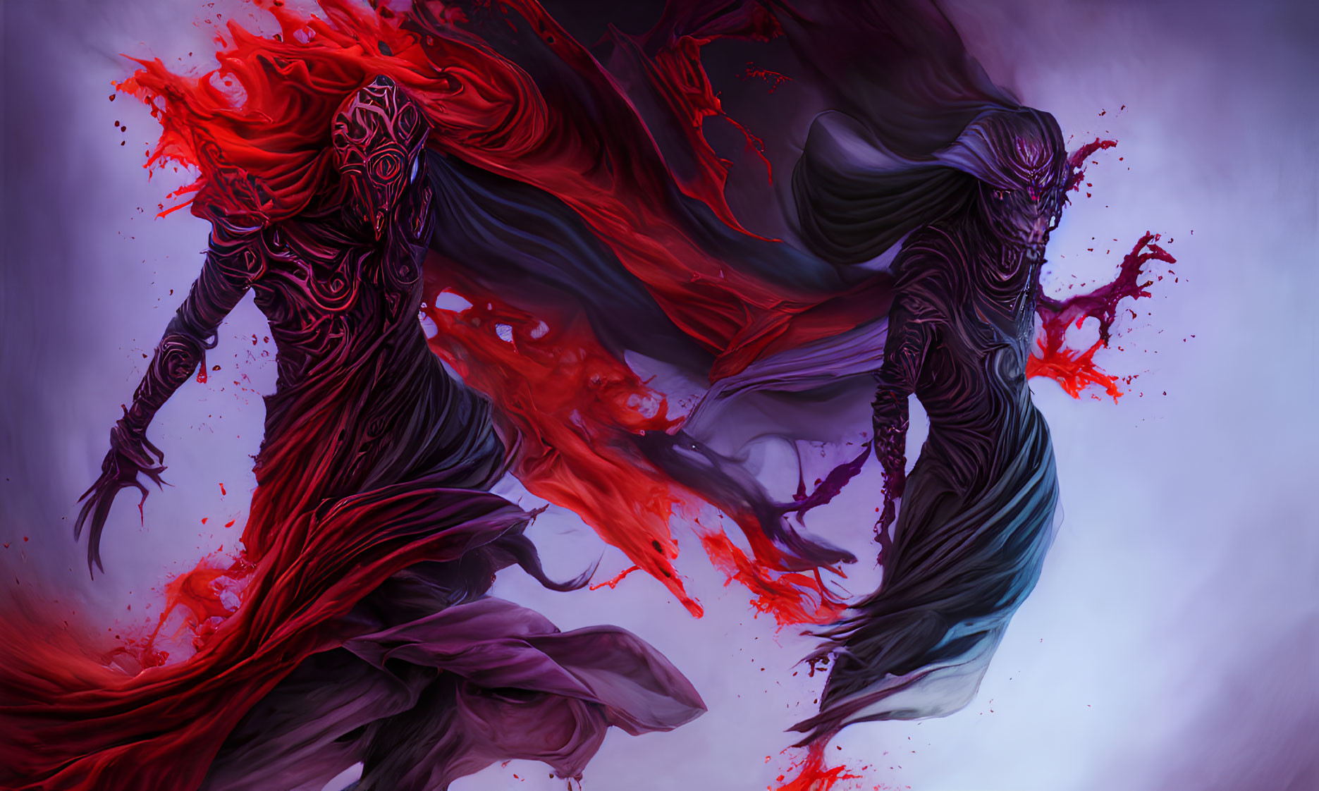 Ethereal figures in dark garments with vivid red splashes