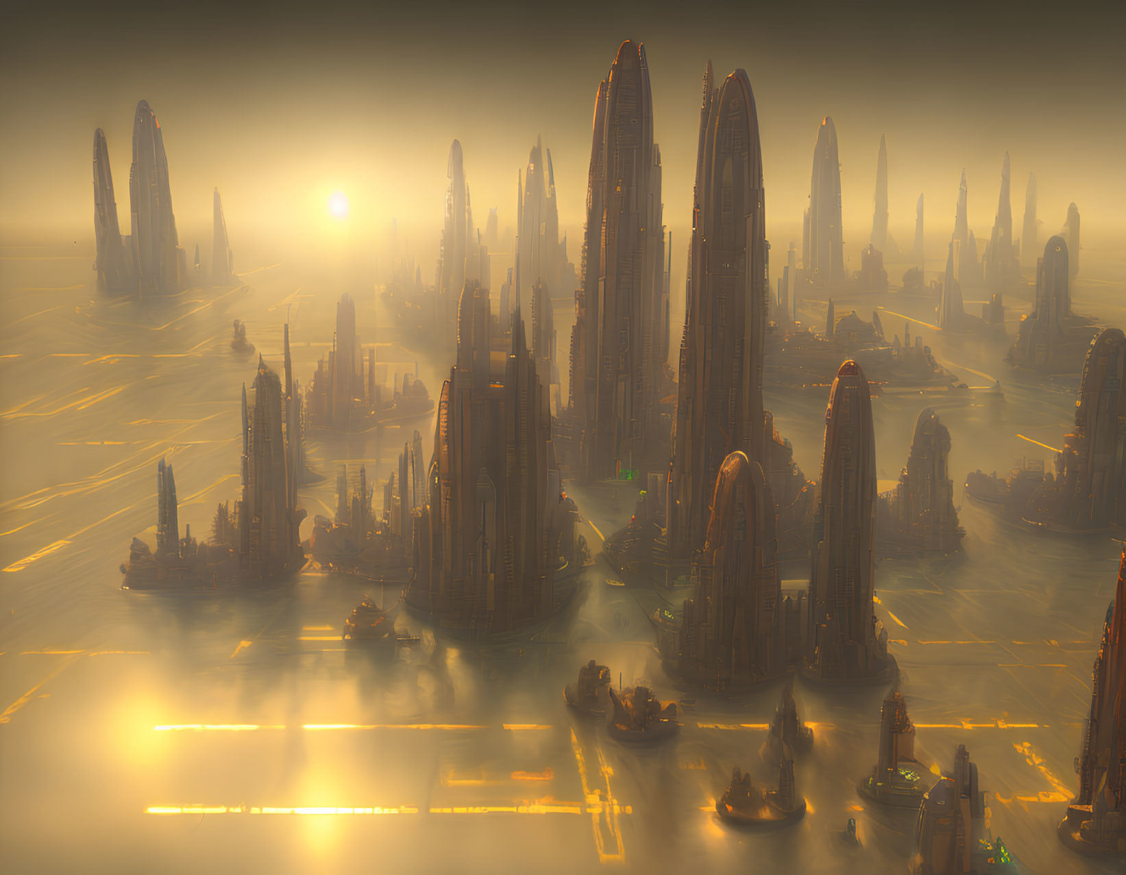 Futuristic sunset cityscape with towering skyscrapers and misty ambiance