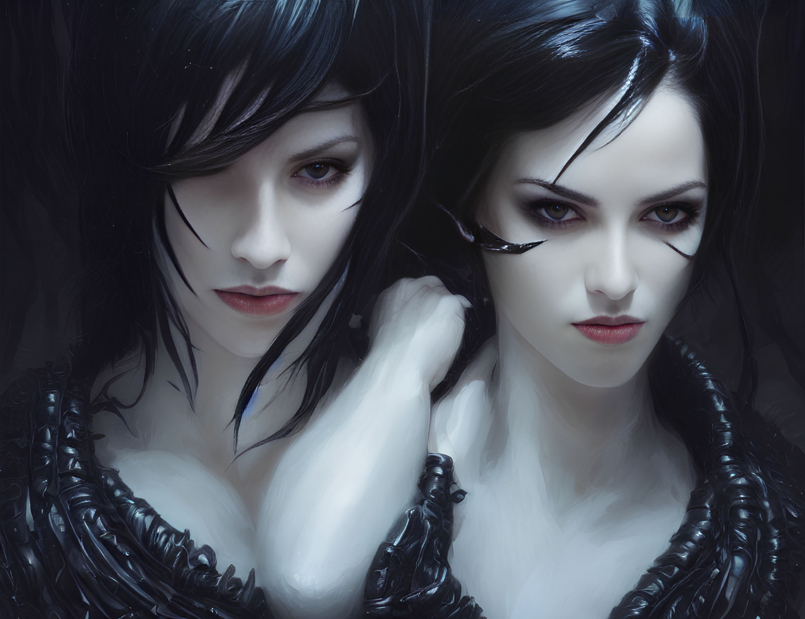 Two pale women in dark eye makeup and feathery attire with intense gazes