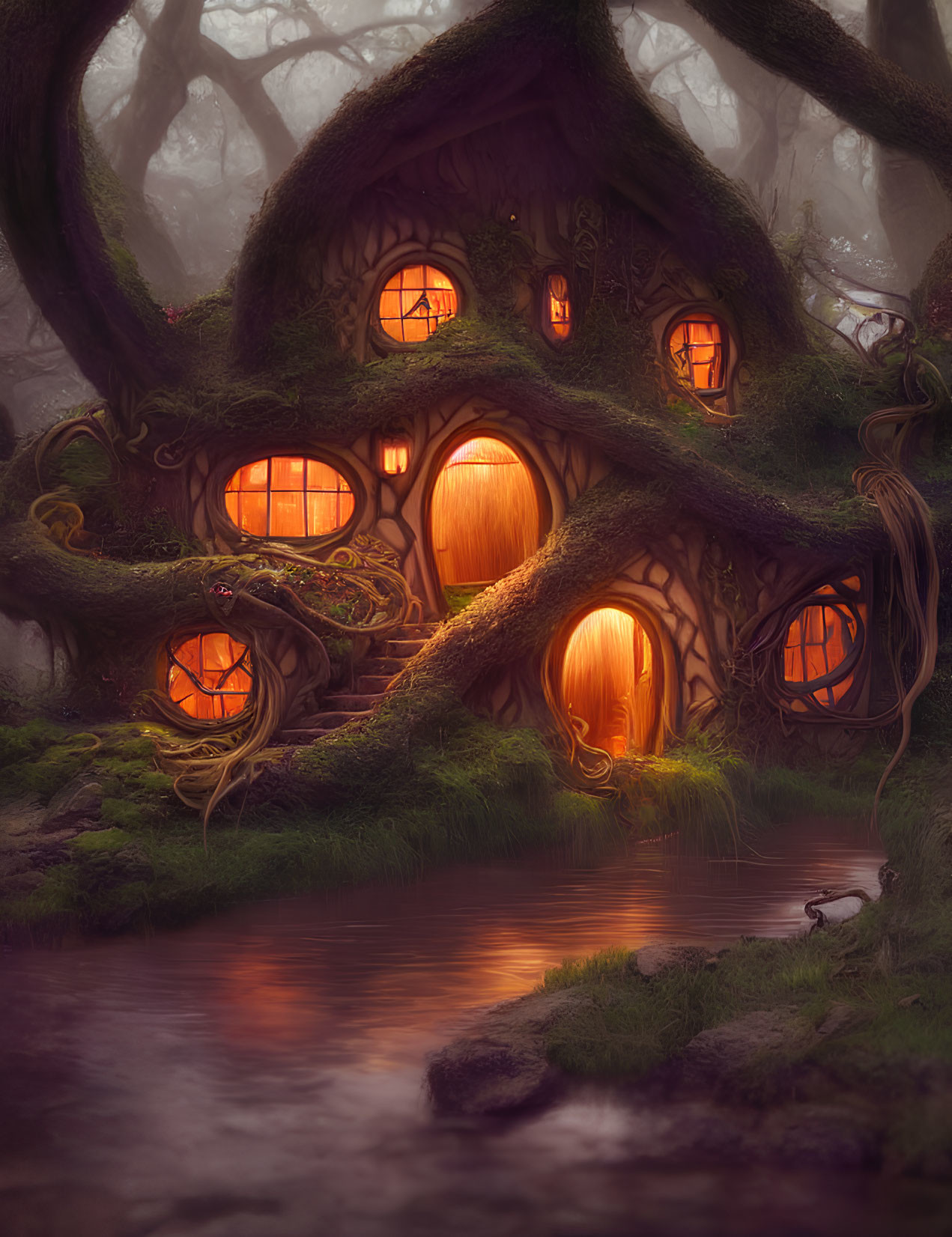 Enchanting treehouse in mystical forest with glowing windows at twilight