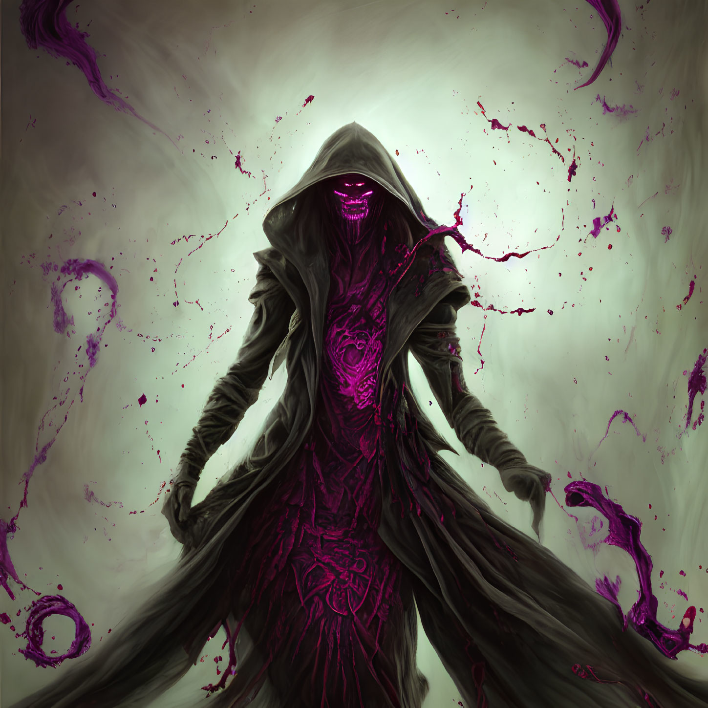 Hooded Figure in Purple Robes with Glowing Eyes and Dark Energy