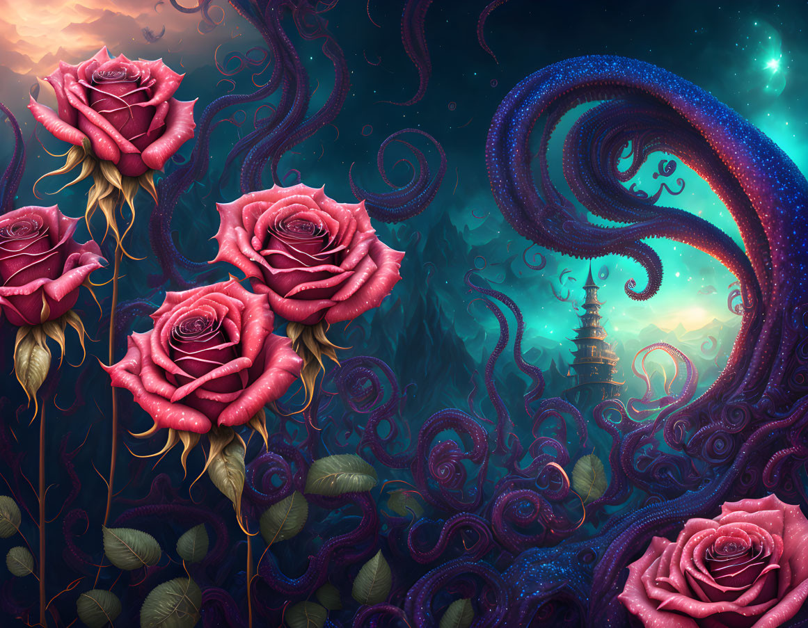 Surreal fantasy scene: red roses in twisted thicket under starry sky, path to pag