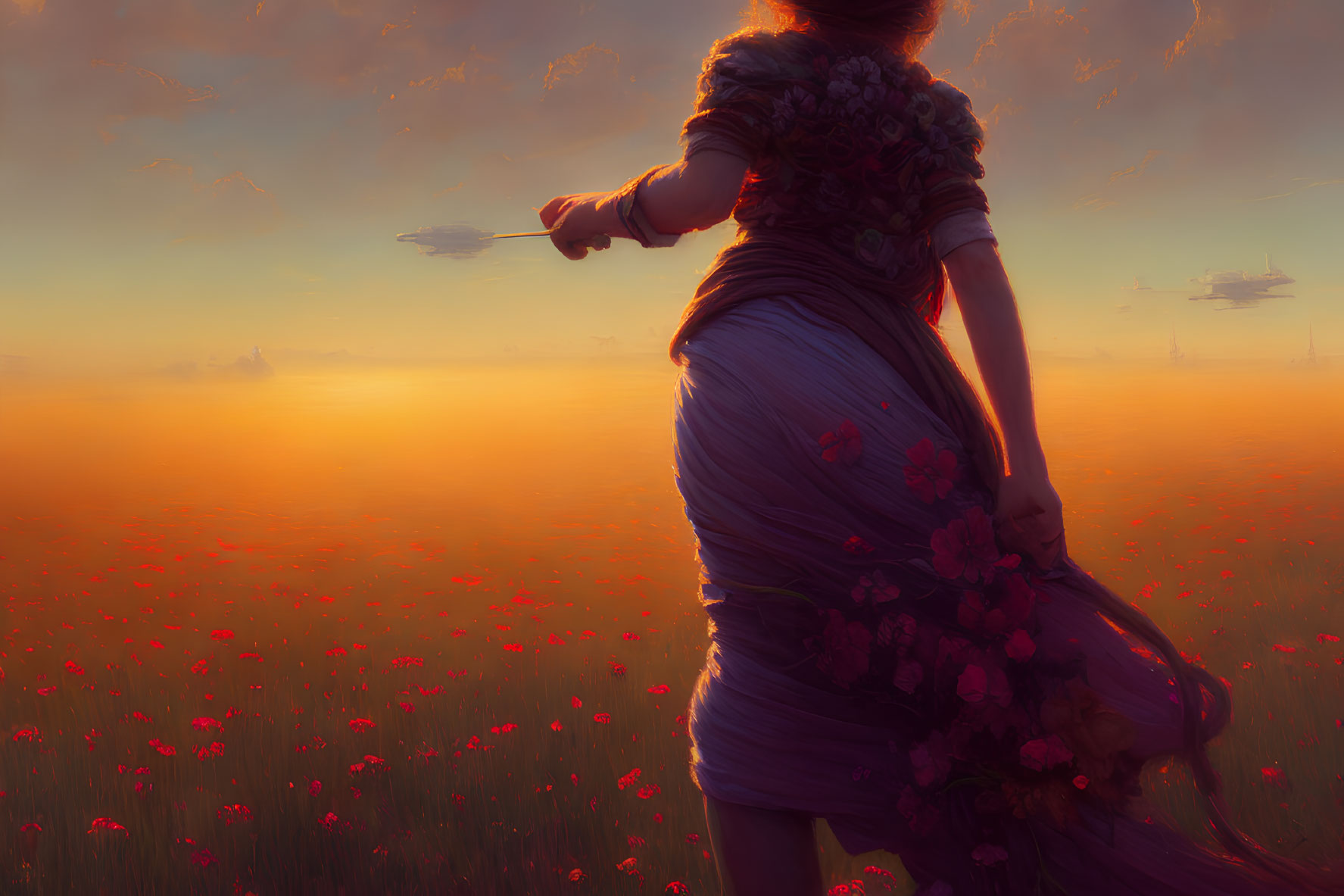 Woman in floral dress in poppy field at sunset with outstretched arm