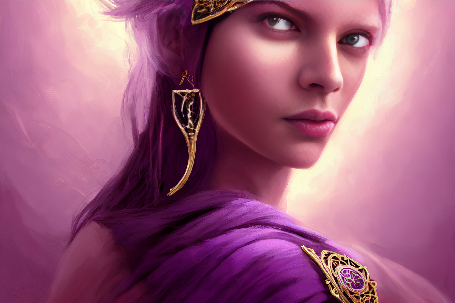 Digital artwork of a woman in purple cloak and gold jewelry on pink background
