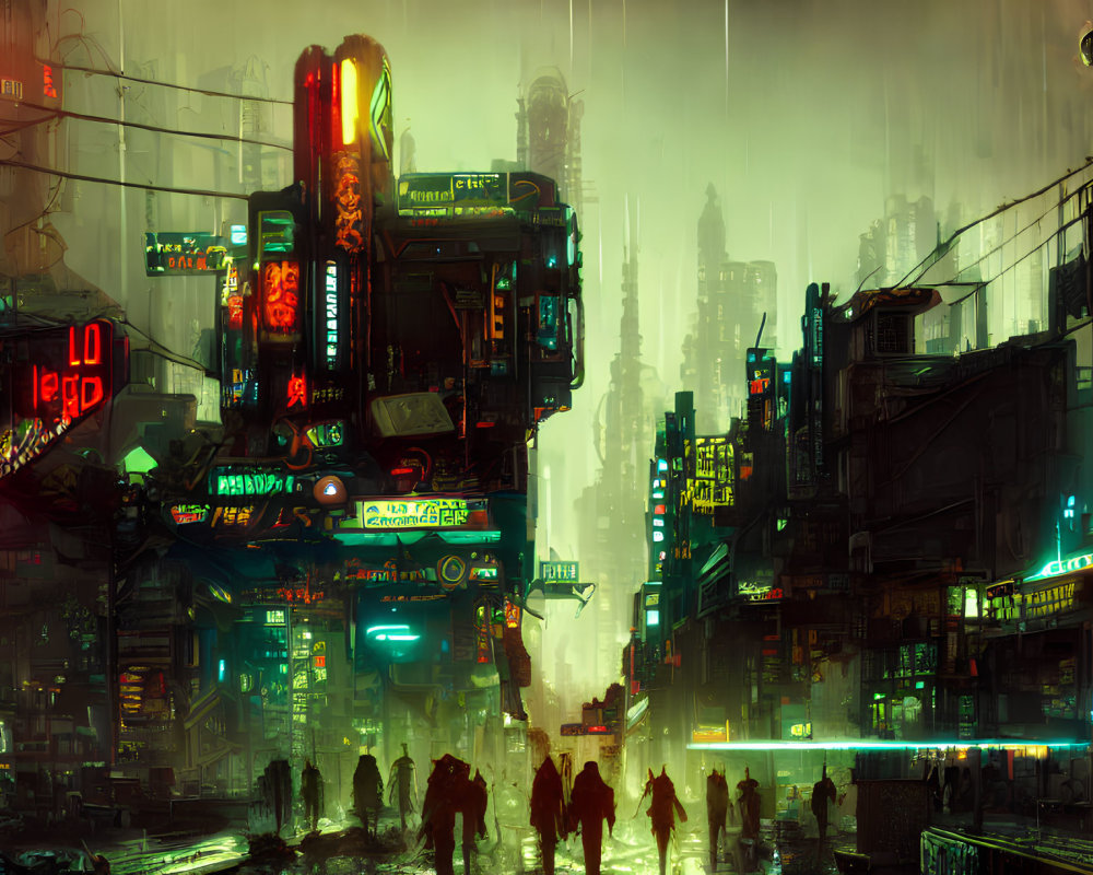 Futuristic Rain-Soaked Cityscape with Neon Signs and Silhouettes