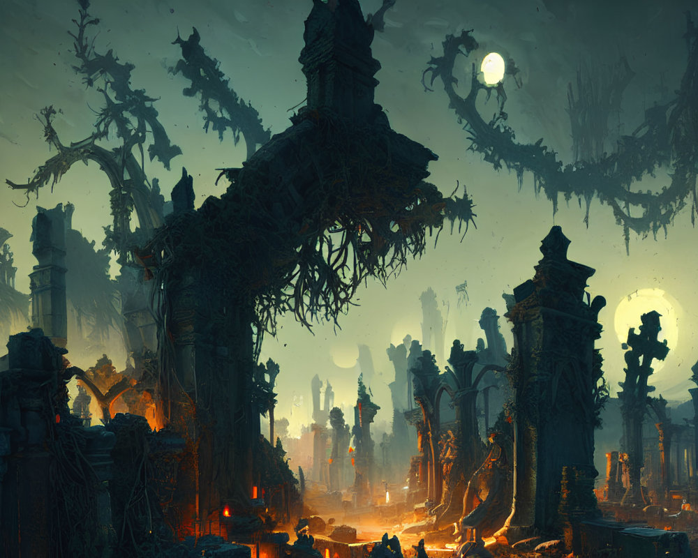 Eerie moonlit graveyard with twisted trees