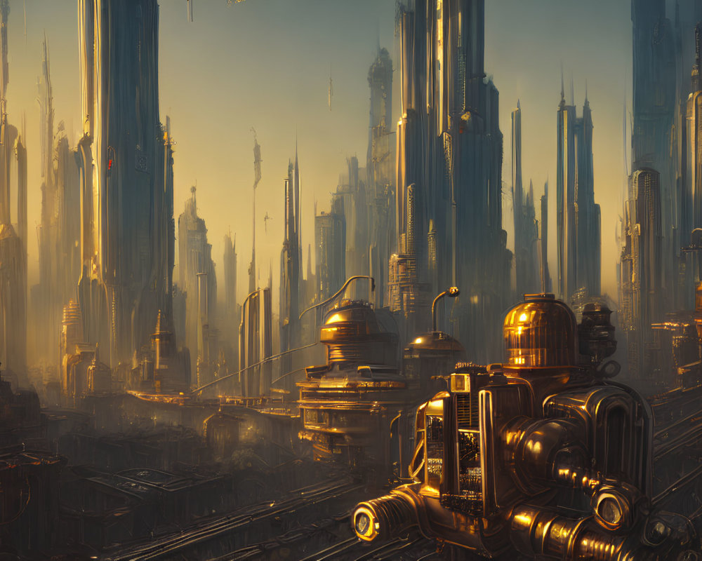 Futuristic cityscape with skyscrapers, golden sunset, and detailed robot