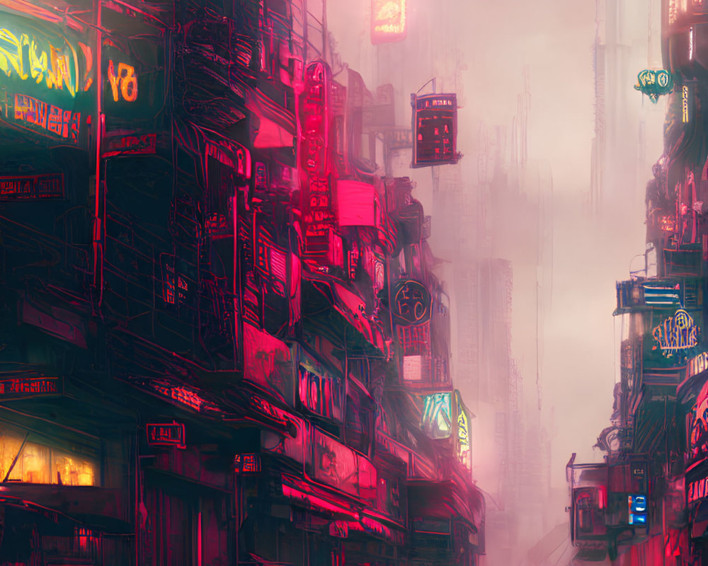 Silhouetted figures in neon-lit dystopian alley with futuristic signboards