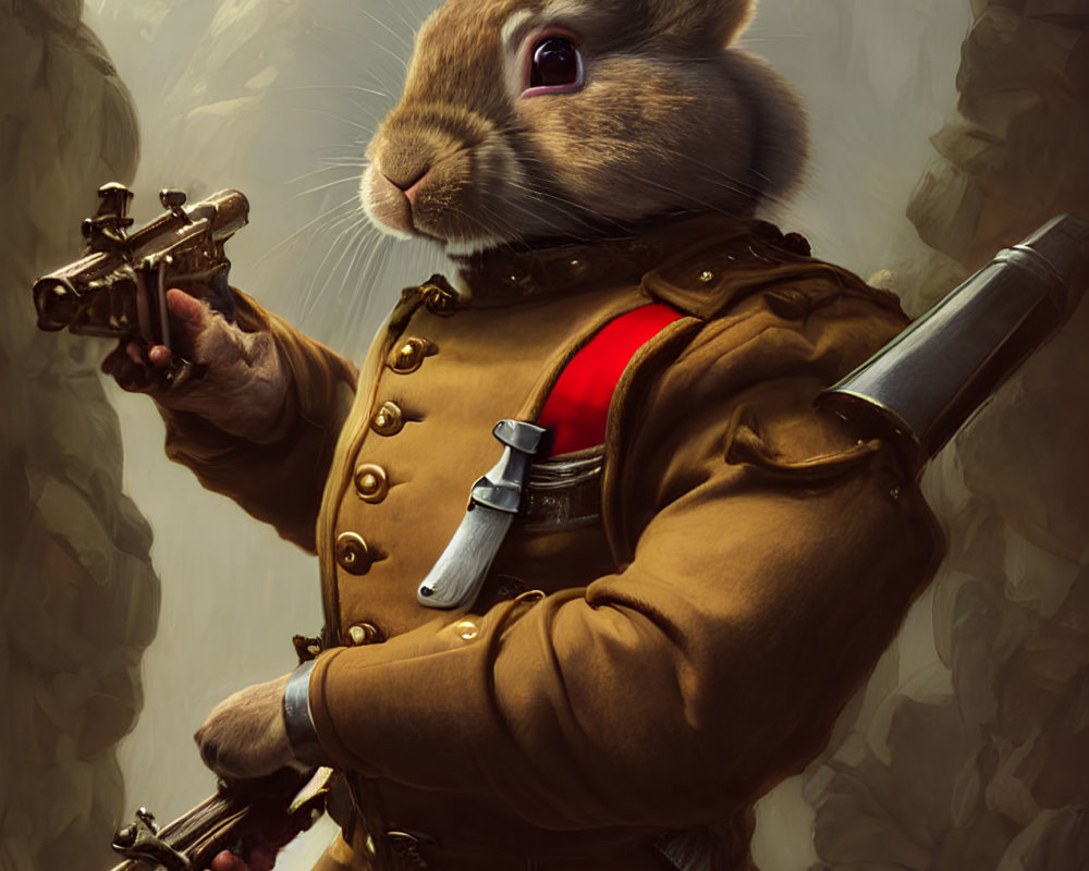Anthropomorphic rabbit in military uniform with revolver and knife in misty forest