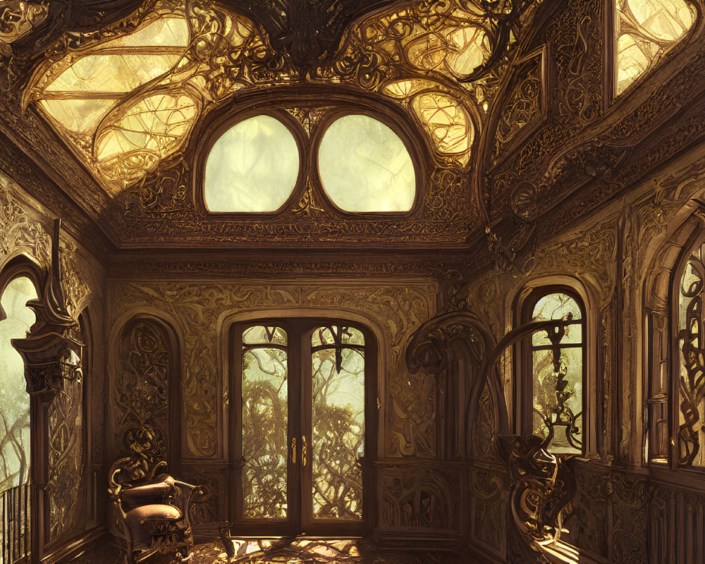 Luxurious sunlit room with golden woodwork and forest view.
