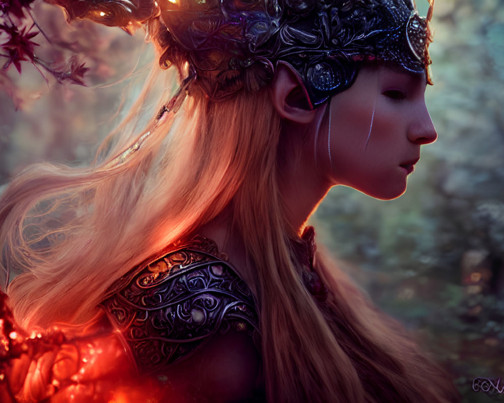 Blond woman in ornate metal armor in mystical forest