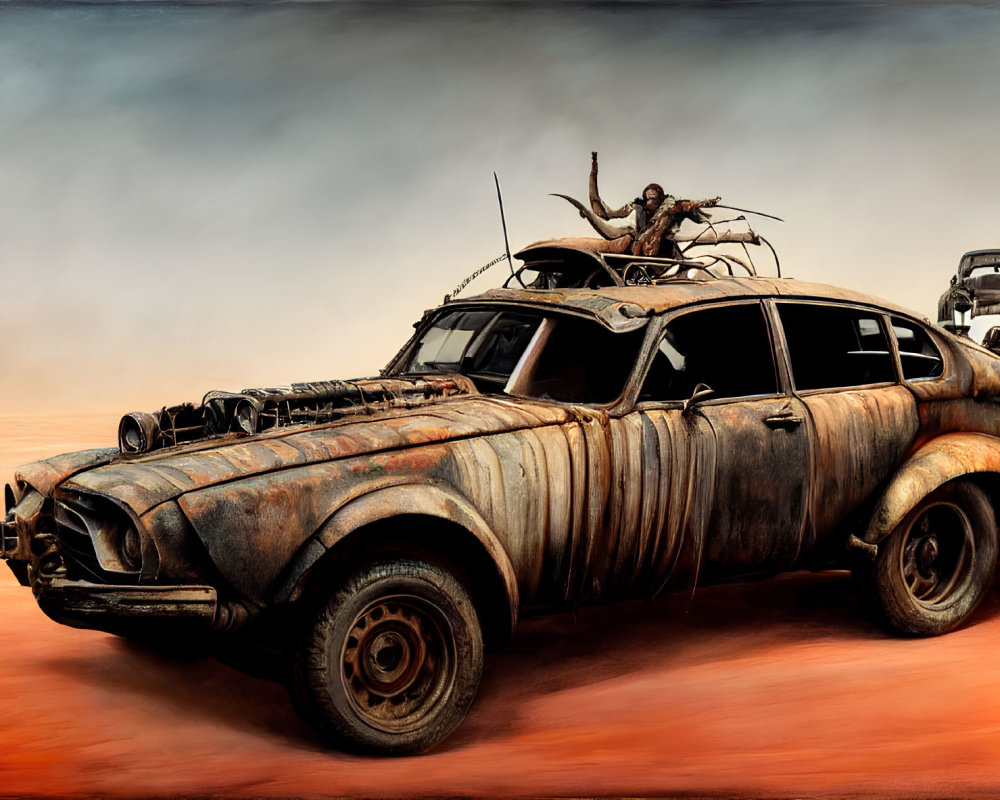 Rustic armored post-apocalyptic vehicle in desert with gesturing person