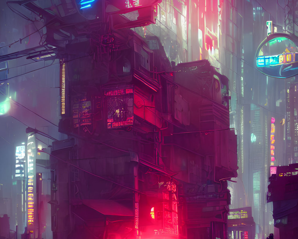 Figure in neon-lit cyberpunk cityscape with towering structures