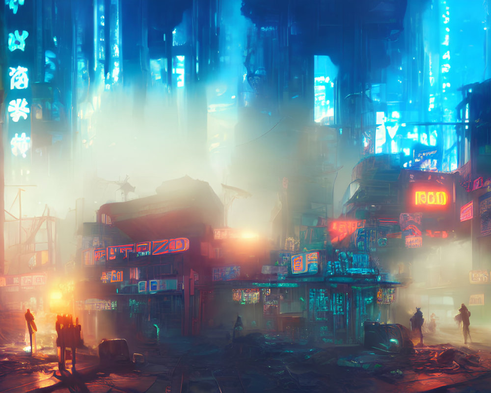 Neon cyberpunk cityscape with glowing signs and silhouettes