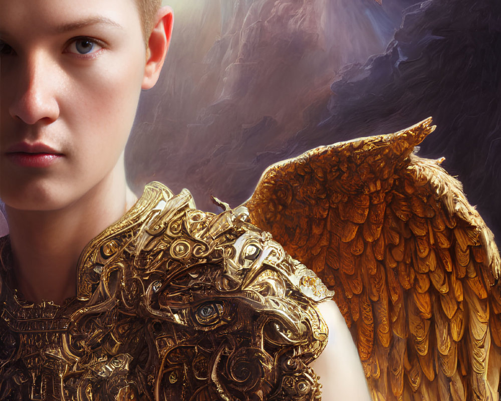 Young individual with golden crown, shoulder armor, and angelic wings gazes at fantastical sky with