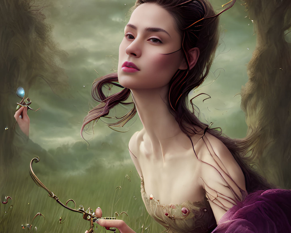 Fantasy portrait of a woman with elfin features holding a delicate key in a mystical forest setting.