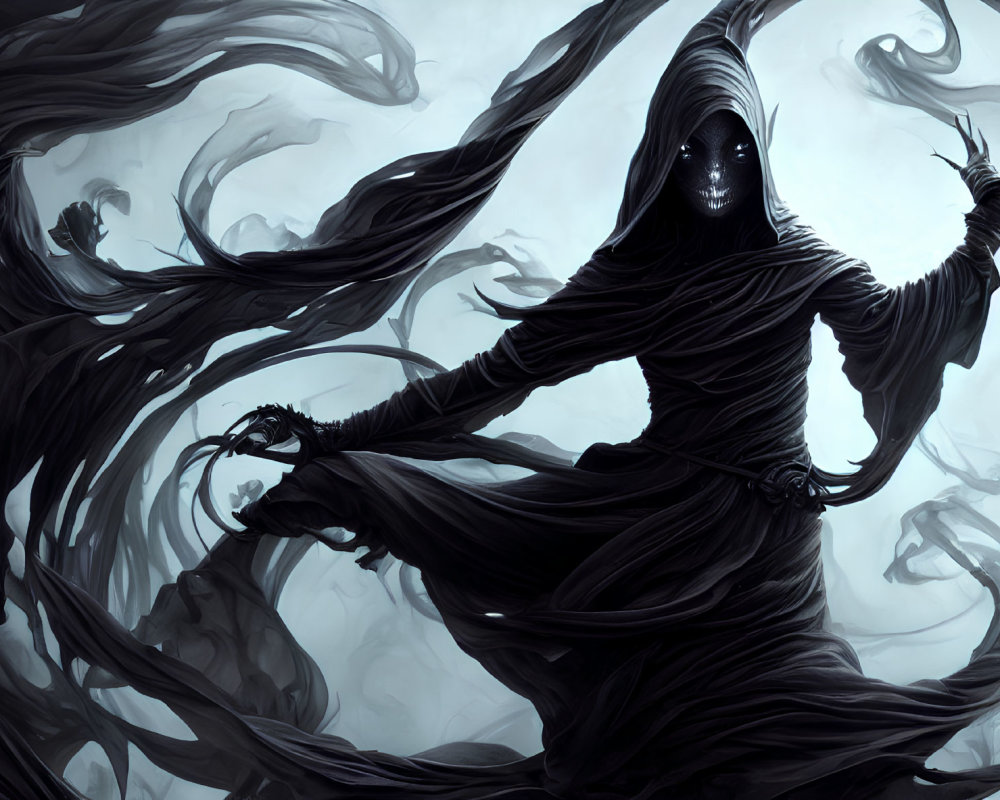 Mysterious cloaked figure with glowing eyes surrounded by dark tendrils