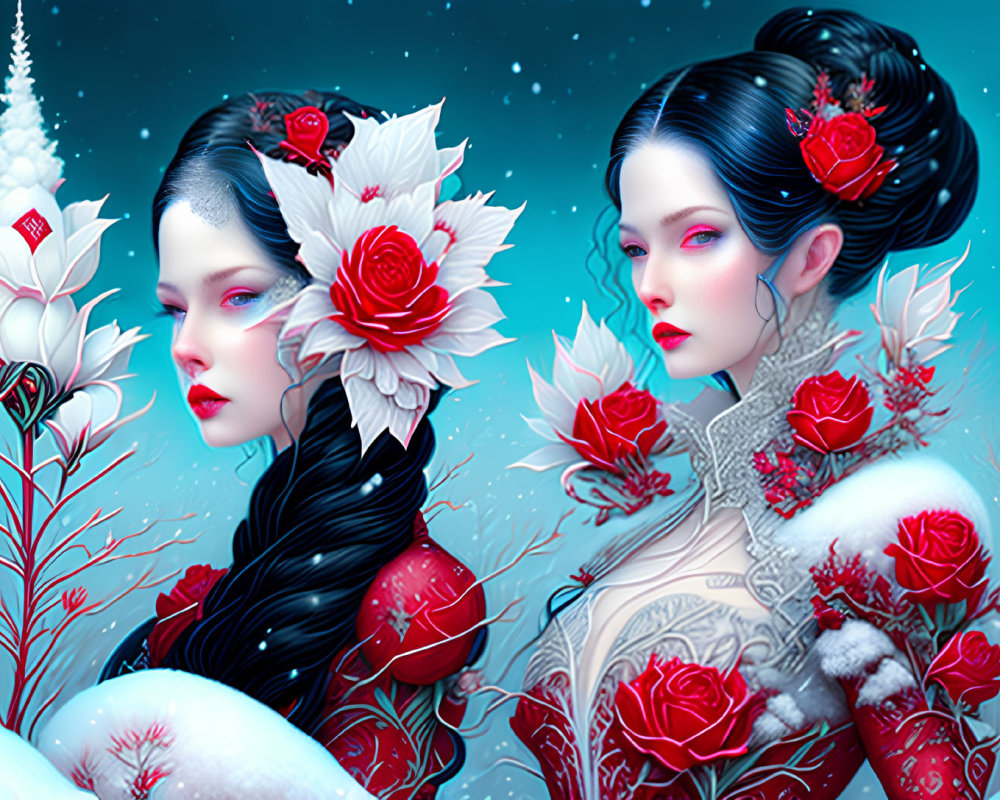 Stylized women with pale skin and dark hair adorned with red flowers in snowy backdrop