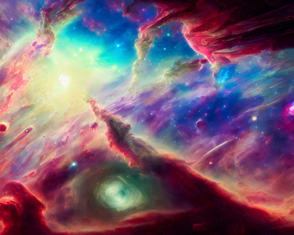 Colorful cosmic scene: swirling nebulae, radiant stars, and gas clouds.