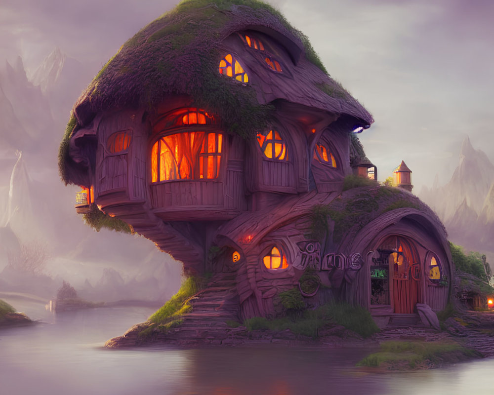 Whimsical mushroom-shaped house by serene river at dusk