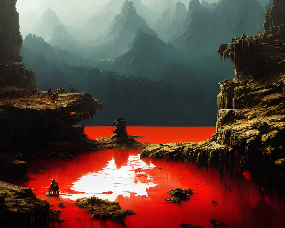 Fantastical landscape with red water, travelers, lone tree, cliffs, and dark mountains