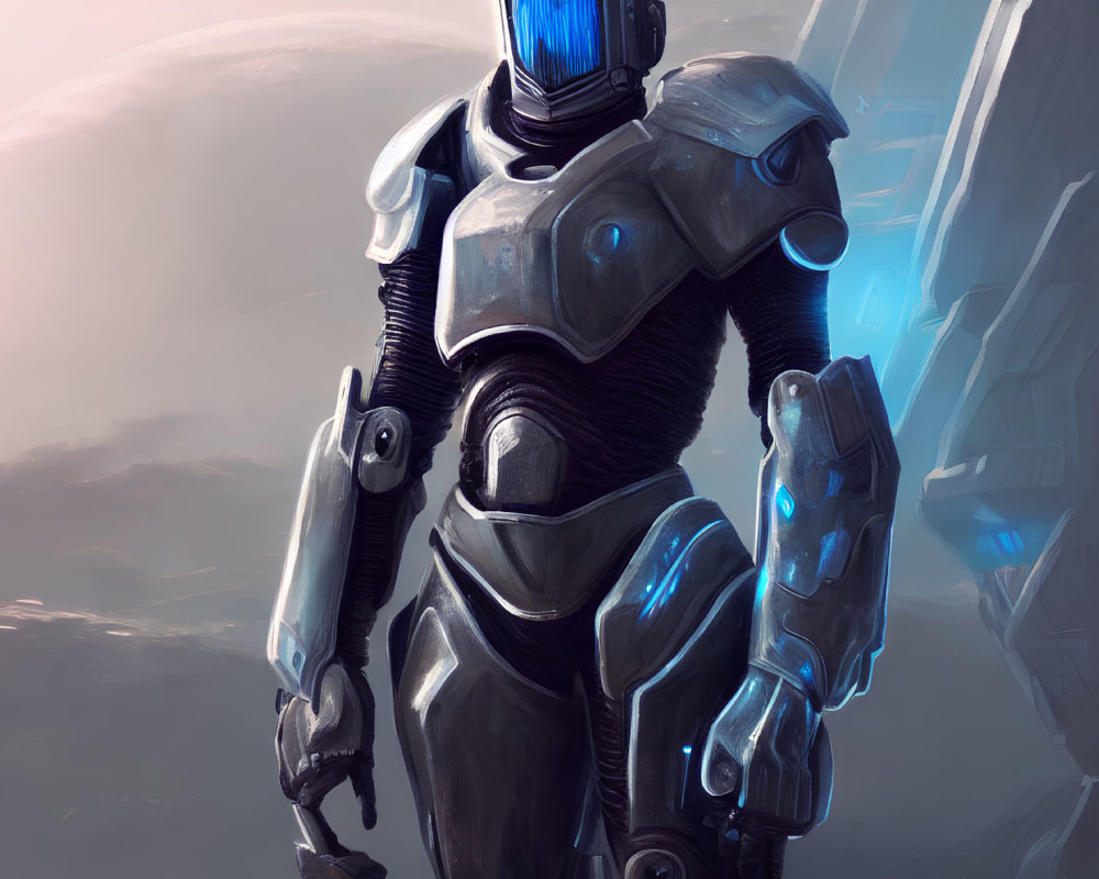 Futuristic armored figure with glowing blue accents in misty alien landscape