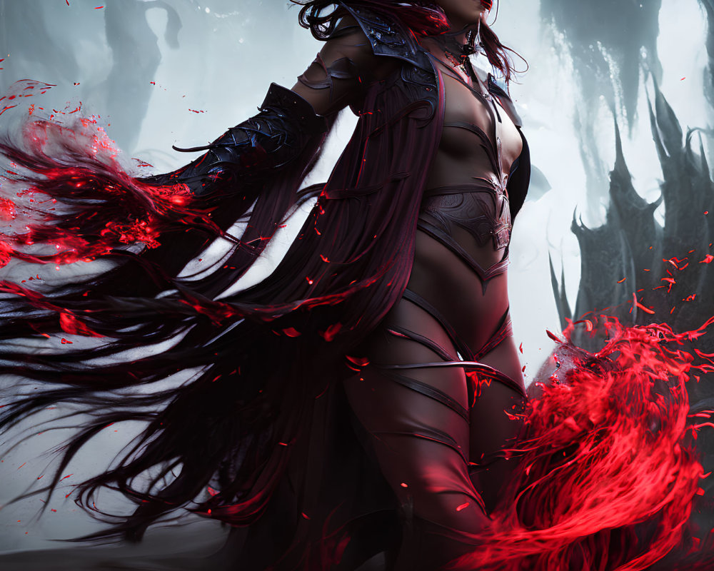 Fantasy character in black armor with red magical energy amid mists