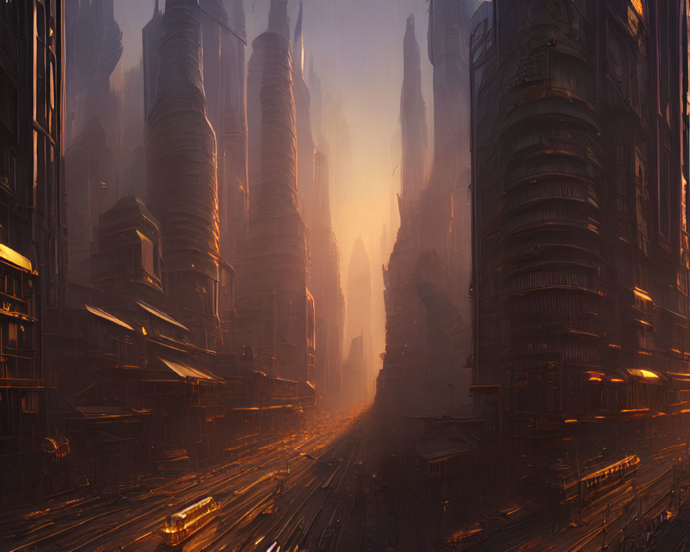 Futuristic cityscape at sunset with glowing skyscrapers and traffic lines