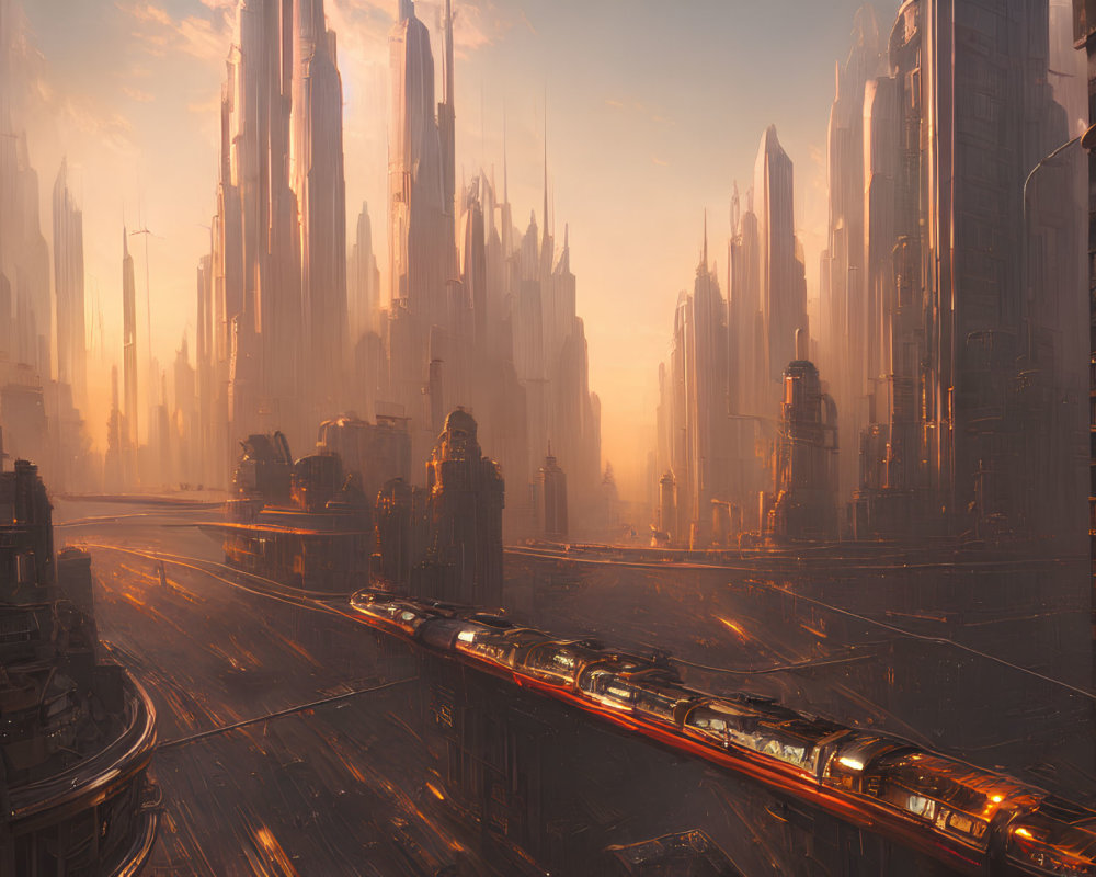 Futuristic cityscape with skyscrapers, roadways, and high-speed train