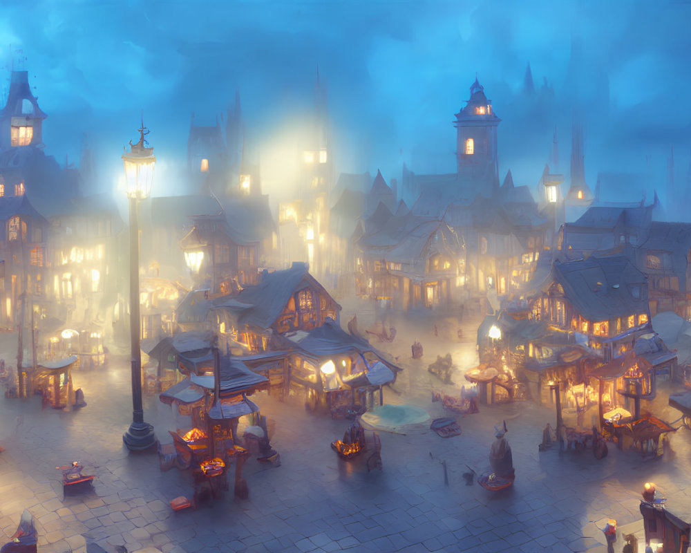 Medieval Market Square at Dusk with Lantern Light