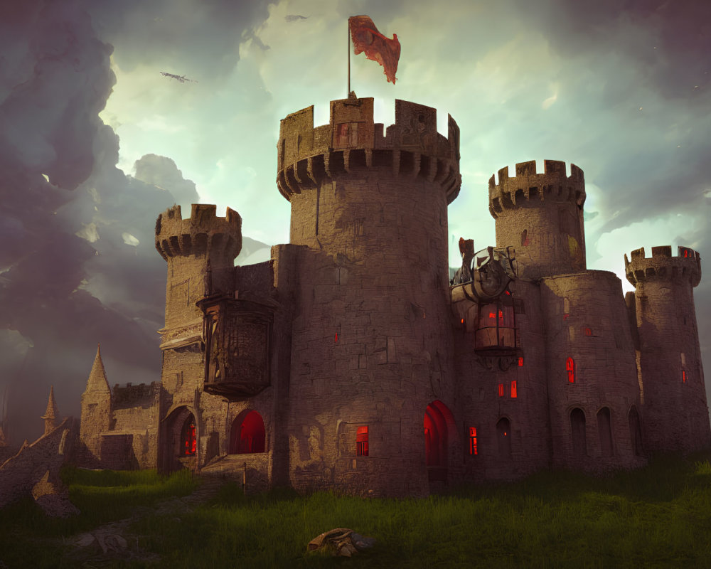 Medieval stone castle with multiple towers and red banners under dramatic sky