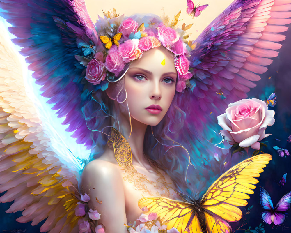 Colorful Butterfly Winged Woman with Floral Crown and Butterflies - Fantasy Illustration