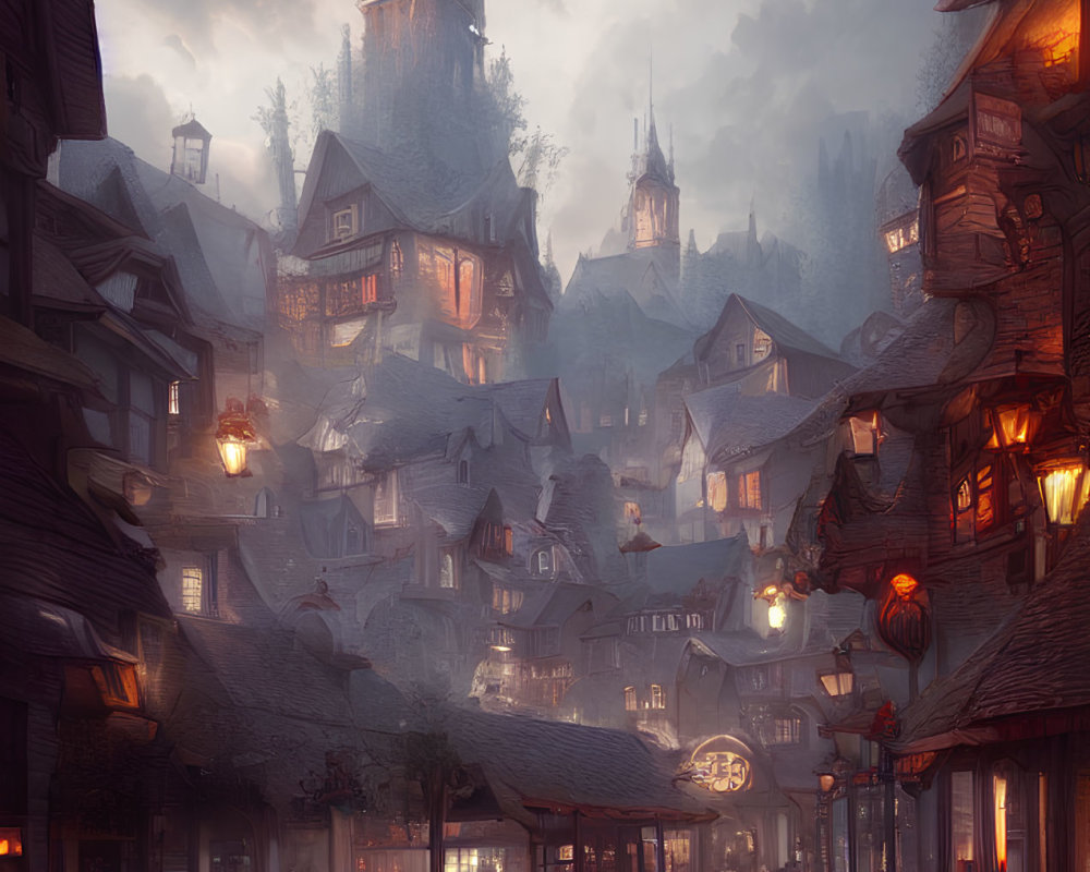 Medieval village at dusk with cobblestone streets and glowing lanterns
