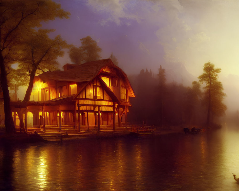 Cozy wooden cabin by serene lake at dusk or dawn