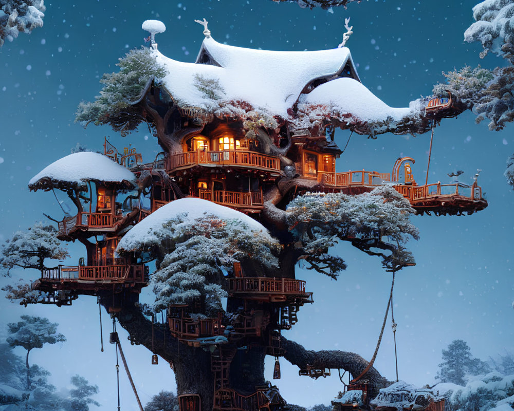 Snow-covered forest treehouse with warm lighting