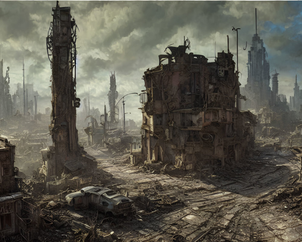 Dystopian landscape with crumbling buildings and desolate atmosphere