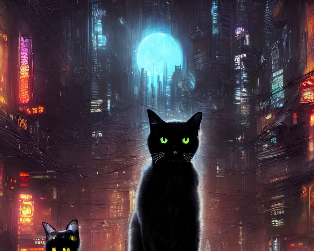 Large Black Cat with Glowing Green Eyes in Neon-lit Cyberpunk Cityscape
