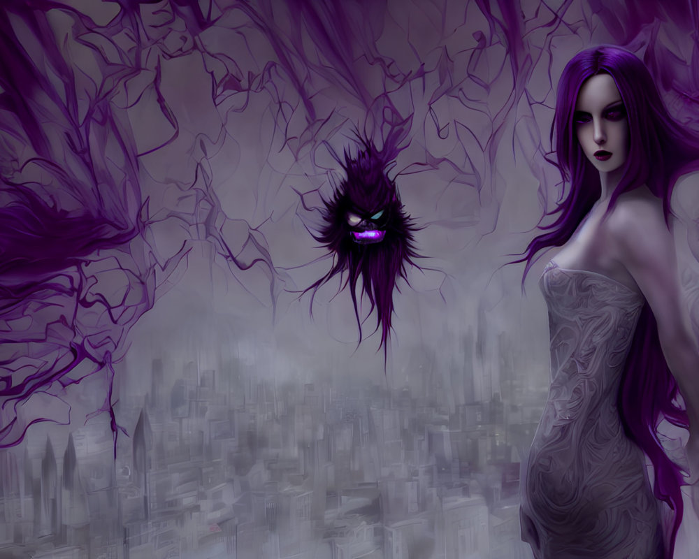 Purple-themed ethereal woman and dark furry creature in cityscape artwork.