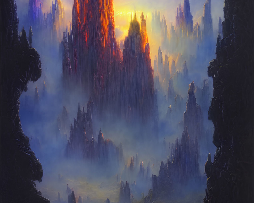 Fantastical sunset landscape with towering spires and radiant sky