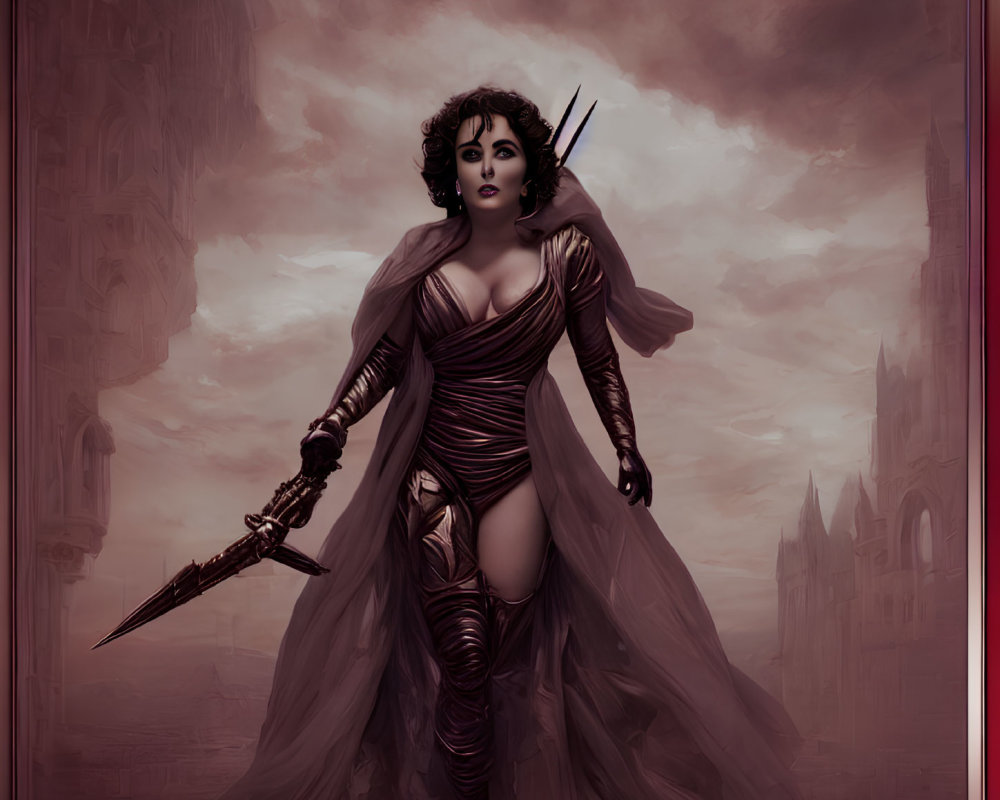 Fantasy Gothic Art: Woman in Red Dress with Sword in Eerie Setting