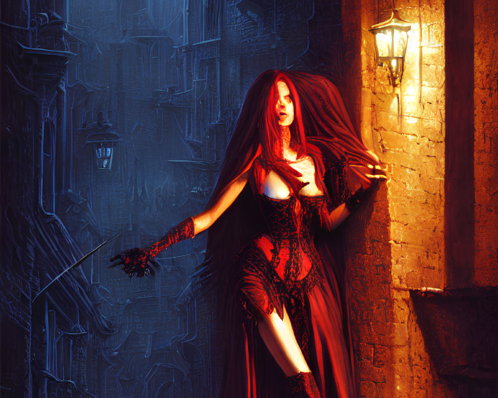 Woman in red gothic dress with lantern in eerie alleyway
